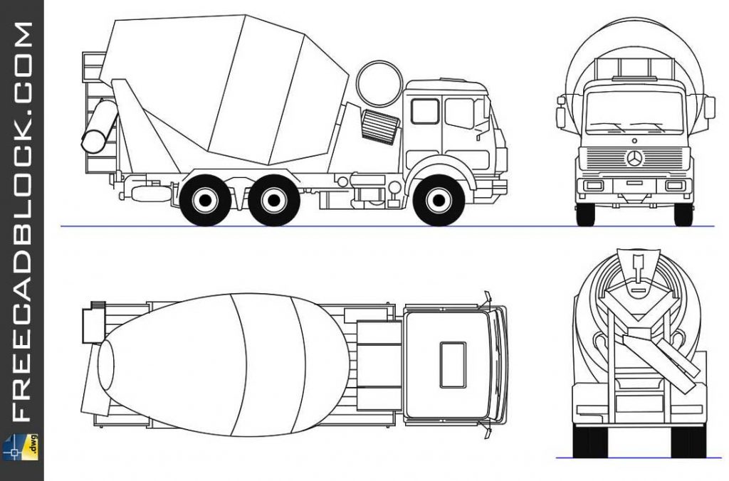 Truck mixer views DWG Drawing. Free download in Autocad 2D.