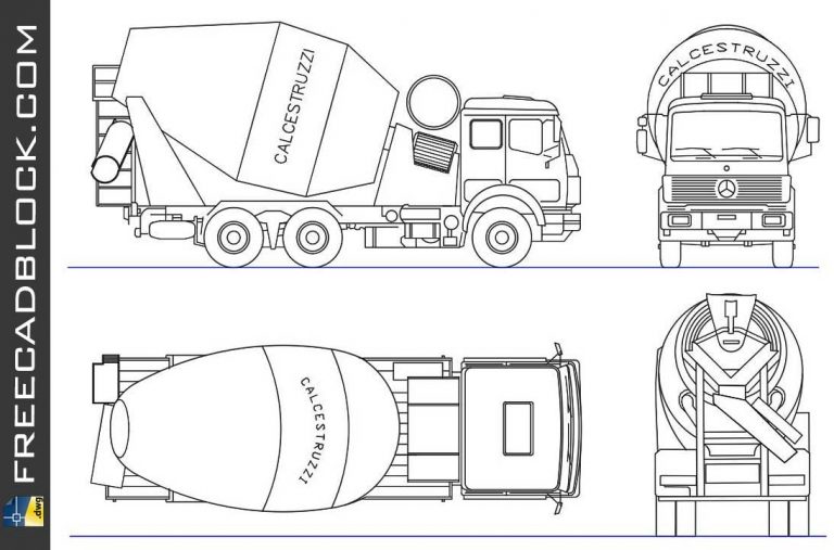 Truck with concrete Mixer DWG Drawing. Free download in Autocad 2D.